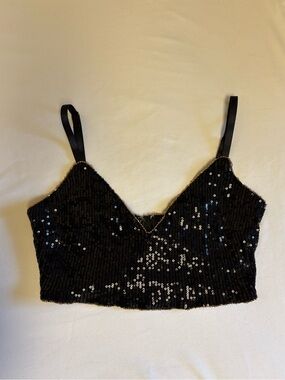 Fashion Nova Black Gold Sequin V-Neck Crop Top Size Small Glam Party Wear